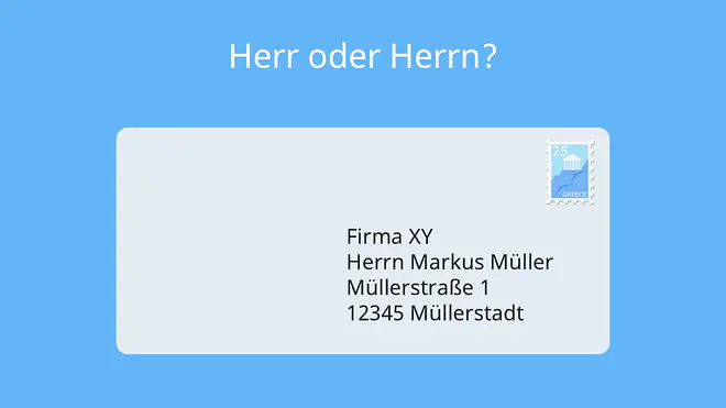 **Alt-Text:**
Ein Briefumschlag mit der Adresse „Firma XY, Herrn Markus Müller, Müllerstraße 1, 12345 Müllerstadt“ veranschaulicht die richtige Anredeform „Herrn“ in der Anschrift. Oben steht die Frage „Herr oder Herrn?“.		

