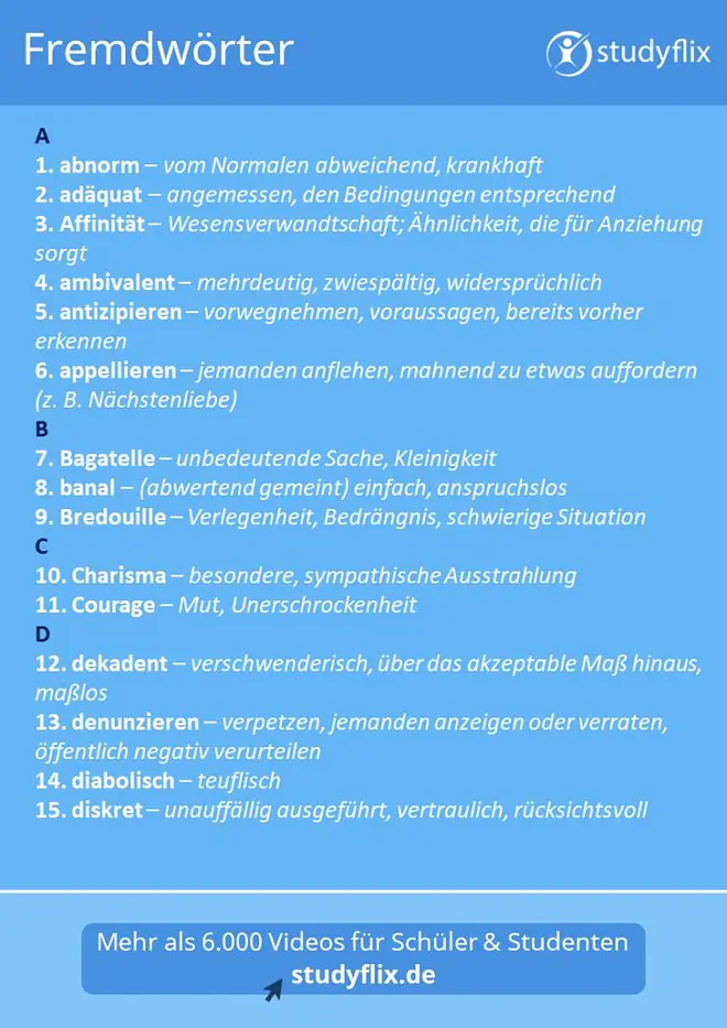 fremdwort, fremdwörter lexikon, deutsche fremdwörter, fremdwörter deutsch, fremdwörter beispiele, was sind fremdwörter, fremdwörter von a bis z, fremdwörter im deutschen, fremdwörter die beeindrucken, eingedeutschte wörter, schwere fremdwörter, schwierige fremdwörter, wichtige fremdwörter, fremdworte, deutsch fremdwörter, wichtigste fremdwörter, fremdwörter die man kennnen muss, fremdwörter und ihre bedeutung, fremdwort beispiel, fremdwörter bedeutung, fremdwörter in der deutschen sprache, fremdwörter finden, fremdwörter definition, fremdwörter erklären, abnorm, adäquat, Affinität, ambivalent, antizipieren, appellieren, Bagatelle, banal, Bredouille, Charisma, Courage, dekadent, denunzieren, diabolisch, diskret, echauffieren, emanzipieren, empathisch, fakultativ, filigran, fragil, generisch, genuin, Hedonismus, Hybris, Hypochonder, impertinent, implizieren, in flagranti, introvertiert, jovial , kognitiv, konfiszieren, Konnotation, korpulent, Korrespondenz, lamentieren, loyal, lukrativ, melancholisch, metaphorisch , Misanthrop, narzisstisch, non plus ultra, obligatorisch, obsolet, omnipräsent, pedantisch, per se, polarisieren, Portfolio, postfaktisch, prokrastinieren, prophylaktisch, provisorisch, quantitativ, Querulant, redundant, repetieren, resolut, Resonanz, reüssieren, rudimentär, spartanisch, Status Quo, subsidiär, sukzessiv, Tirade, trivial, unkonventionell, utopisch, verifizieren, vulgär, Xenophobie, zynisch