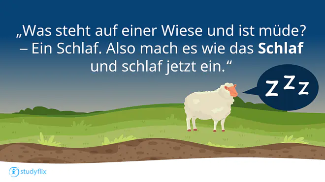 Was steht auf einer Wiese und ist müde? - Ein Schlaf. Also mach es wie das Schlaf und schlaf jetzt ein.
