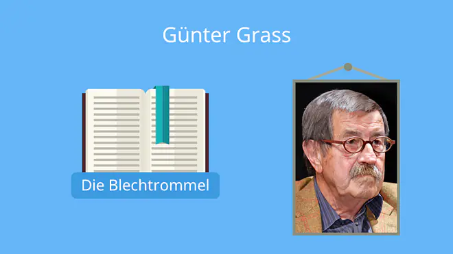 Das Bild zeigt den Schriftsteller Günter Grass und sein bekanntestes Werk „Die Blechtrommel“. 