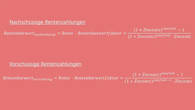 Rentenbarwert, Rentenbarwertfaktor, Rentenbarwert berechnen, Rentenbarwertformel, Rentenbarwert Formel, Rentenbarwert vorschüssig, Rentenbarwert nachschüssig