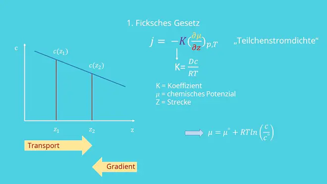 Ficksche Gesetze, Diffusion, Diffusiongesetz, Transport, Gradient, chemisches Potential, Gaskonstante 