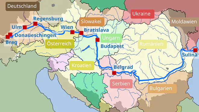Eine Karte des Verlaufs der Donau von der Quelle in Breg in Deutschland durch die Länder bis zum Ende in Sulina, Rumänien, Donauverlauf, Donau Verlauf Karte, wo mündet die Donau, Donau Fluss