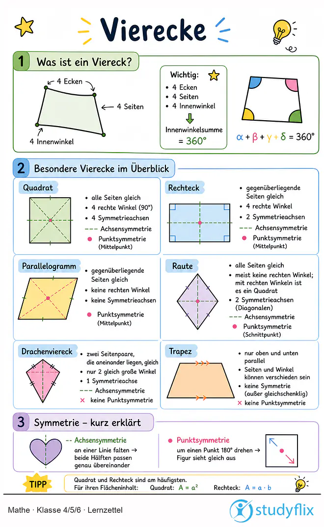 Das Bild zeigt einen Lernzettel, auf dem alles wichtige zu dem Thema Vierecke dargestellt ist. Für Schüler der Klasse 4/5/6.