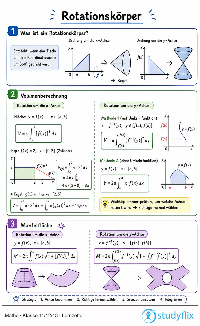 Das Bild zeigt einen Lernzettel, auf dem alles wichtige zu dem Thema Rotationskörper dargestellt ist. Für Schüler der Klasse 11/12/13.