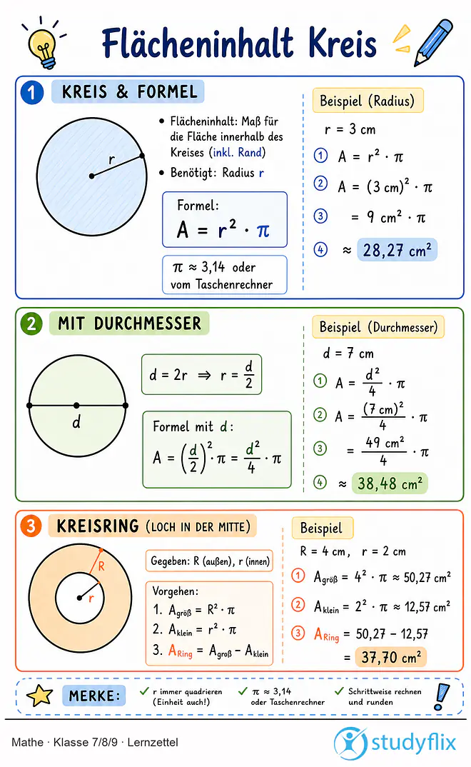 Das Bild zeigt einen Lernzettel, auf dem alles wichtige zu dem Thema Flächeninhalt Kreis dargestellt ist. Für Schüler der Klasse 7/8/9.