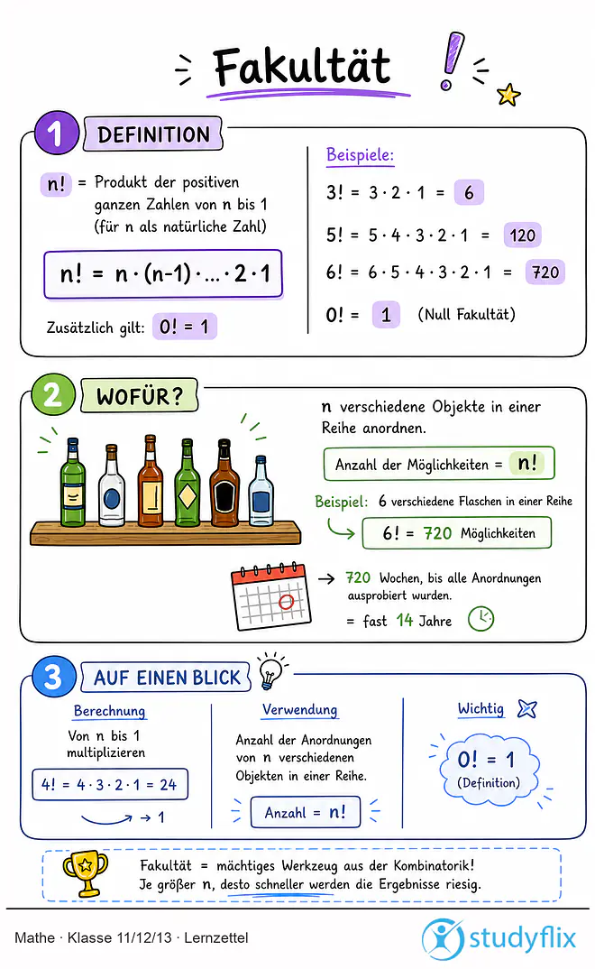 Das Bild zeigt einen Lernzettel, auf dem alles wichtige zu dem Thema Fakultät dargestellt ist. Für Schüler der Klasse 11/12/13.