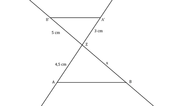 Die Grafik zeigt ein Beispiel für eine Strahlensatzrechnung, bei der der Wert der Strecke ZB fehlt.