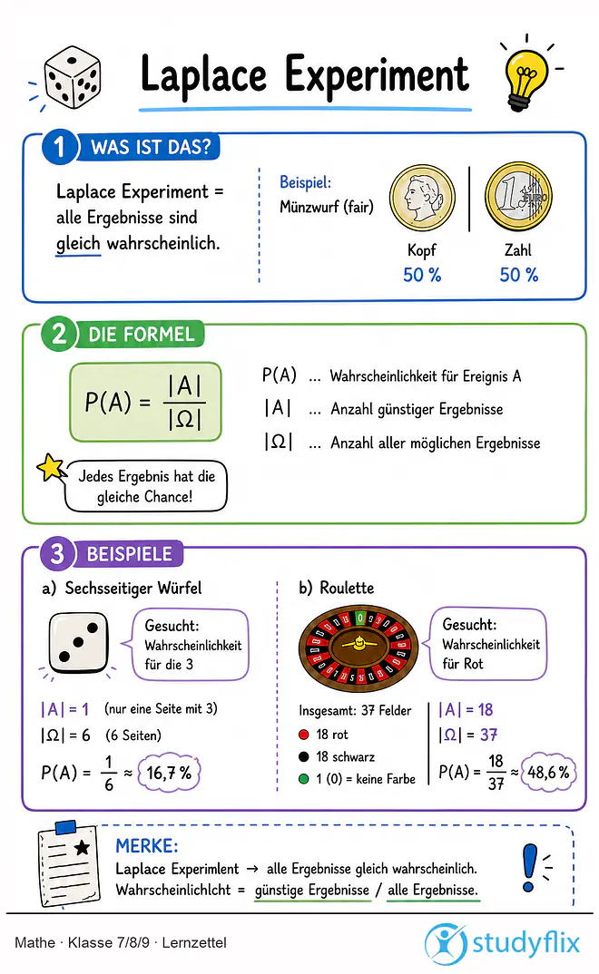 Das Bild zeigt einen Lernzettel, auf dem alles wichtige zu dem Thema Laplace Experiment dargestellt ist. Für Schüler der Klasse 7/8/9.