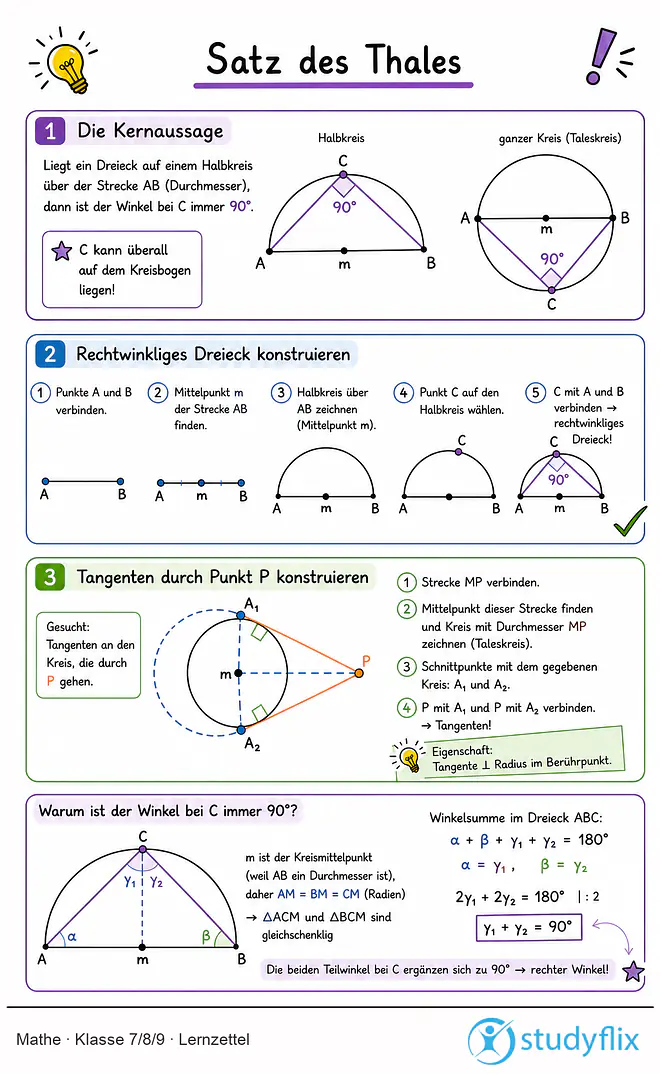 Das Bild zeigt einen Lernzettel, auf dem alles wichtige zu dem Thema Satz des Thales dargestellt ist. Für Schüler der Klasse 7/8/9.