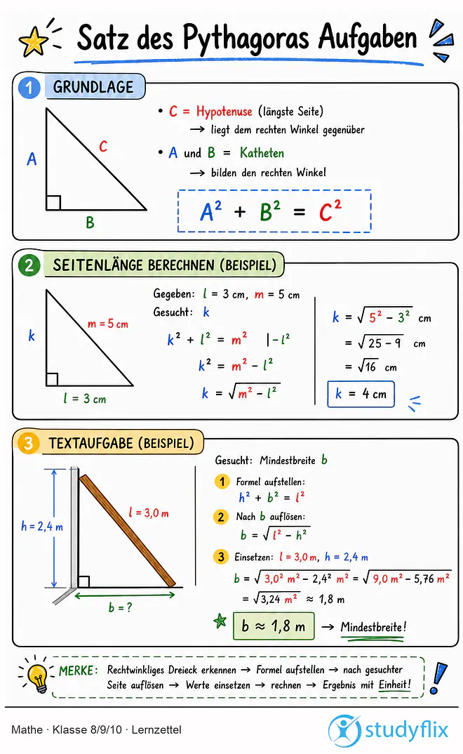 Das Bild zeigt einen Lernzettel, auf dem alles wichtige zu dem Thema Satz des Pythagoras Aufgaben dargestellt ist. Für Schüler der Klasse 8/9/10.