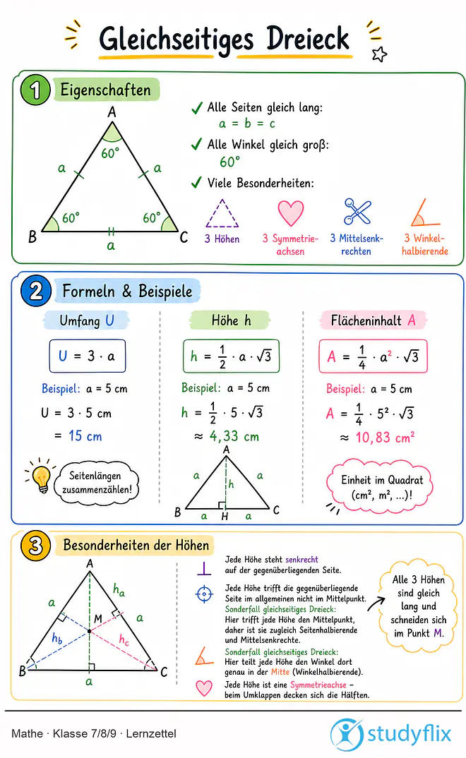 Das Bild zeigt einen Lernzettel, auf dem alles wichtige zu dem Thema Gleichseitiges Dreieck dargestellt ist. Für Schüler der Klasse 7/8/9.