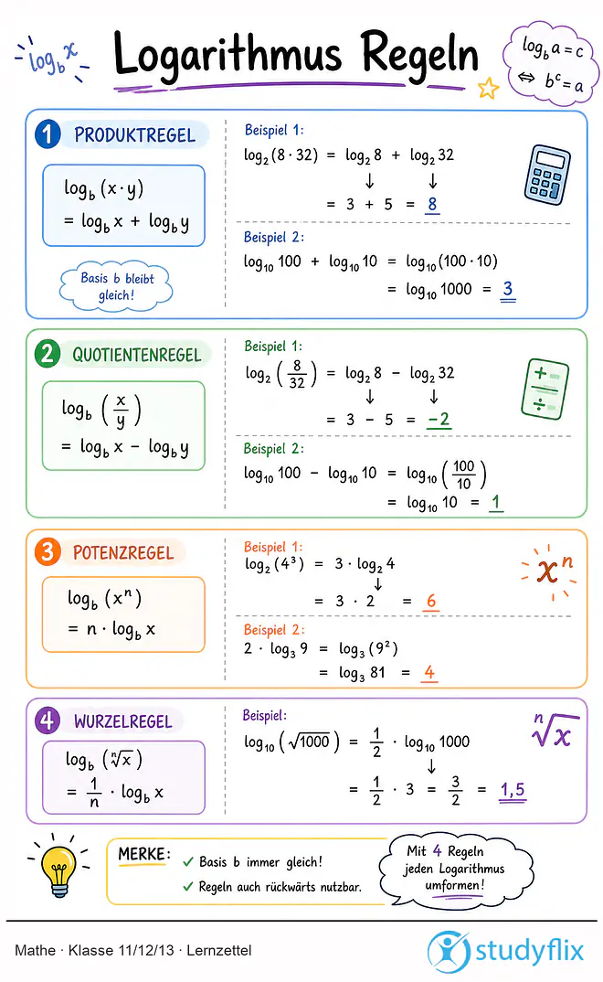 Das Bild zeigt einen Lernzettel, auf dem alles wichtige zu dem Thema Logarithmus Regeln dargestellt ist. Für Schüler der Klasse 11/12/13.