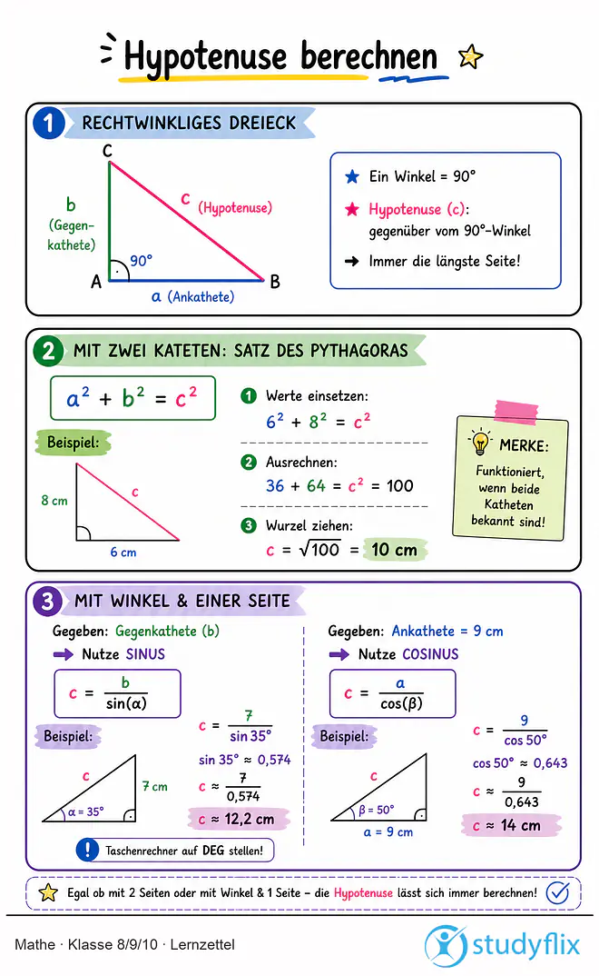 Das Bild zeigt einen Lernzettel, auf dem alles wichtige zu dem Thema Hypotenuse berechnen dargestellt ist. Für Schüler der Klasse 8/9/10.