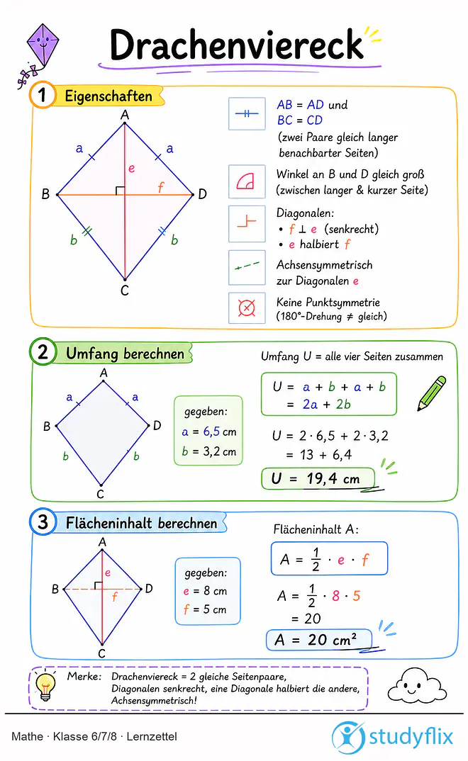 Das Bild zeigt einen Lernzettel, auf dem alles wichtige zu dem Thema Drachenviereck dargestellt ist. Für Schüler der Klasse 6/7/8.
