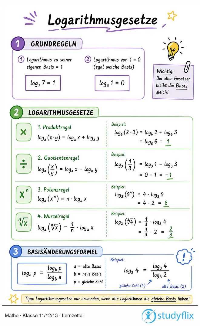 Das Bild zeigt einen Lernzettel, auf dem alles wichtige zu dem Thema Logarithmusgesetze dargestellt ist. Für Schüler der Klasse 11/12/13.