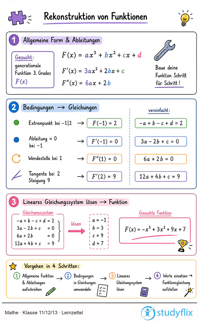 Das Bild zeigt einen Lernzettel, auf dem alles wichtige zu dem Thema Rekonstruktion von Funktionen dargestellt ist. Für Schüler der Klasse 11/12/13.