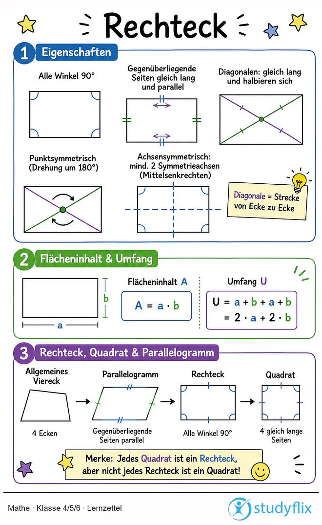 Das Bild zeigt einen Lernzettel, auf dem alles wichtige zu dem Thema Rechteck dargestellt ist. Für Schüler der Klasse 4/5/6.
