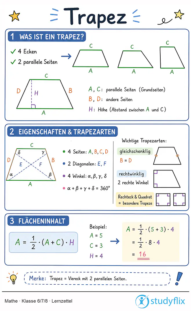 Das Bild zeigt einen Lernzettel, auf dem alles wichtige zu dem Thema Trapez dargestellt ist. Für Schüler der Klasse 6/7/8.