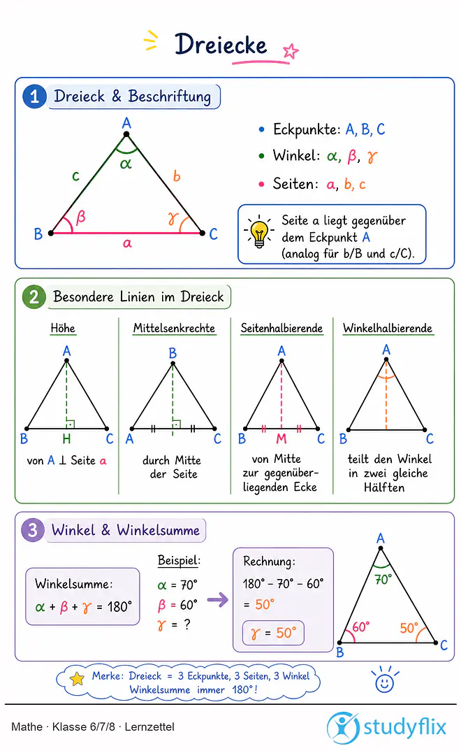 Das Bild zeigt einen Lernzettel, auf dem alles wichtige zu dem Thema Dreiecke dargestellt ist. Für Schüler der Klasse 6/7/8.