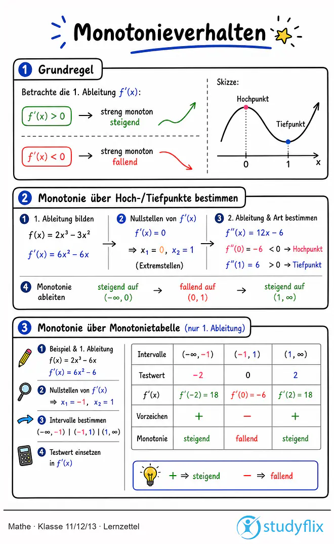 Das Bild zeigt einen Lernzettel, auf dem alles wichtige zu dem Thema Monotonieverhalten dargestellt ist. Für Schüler der Klasse 11/12/13.