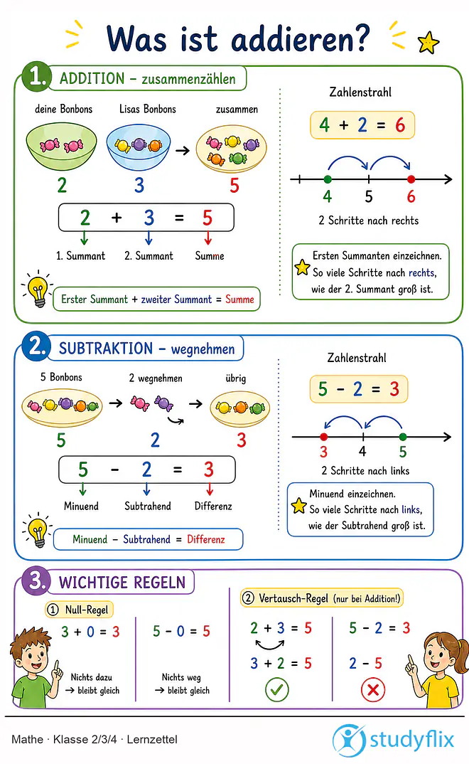 Das Bild zeigt einen Lernzettel, auf dem alles wichtige zu dem Thema Was ist addieren? dargestellt ist. Für Schüler der Klasse 2/3/4.