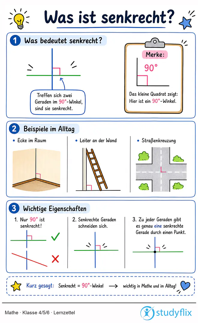 Das Bild zeigt einen Lernzettel, auf dem alles wichtige zu dem Thema Was ist senkrecht? dargestellt ist. Für Schüler der Klasse 4/5/6.