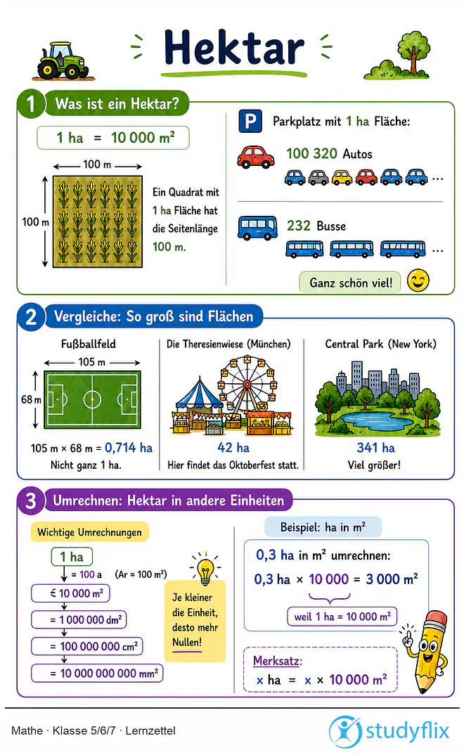 Das Bild zeigt einen Lernzettel, auf dem alles wichtige zu dem Thema Hektar dargestellt ist. Für Schüler der Klasse 5/6/7.