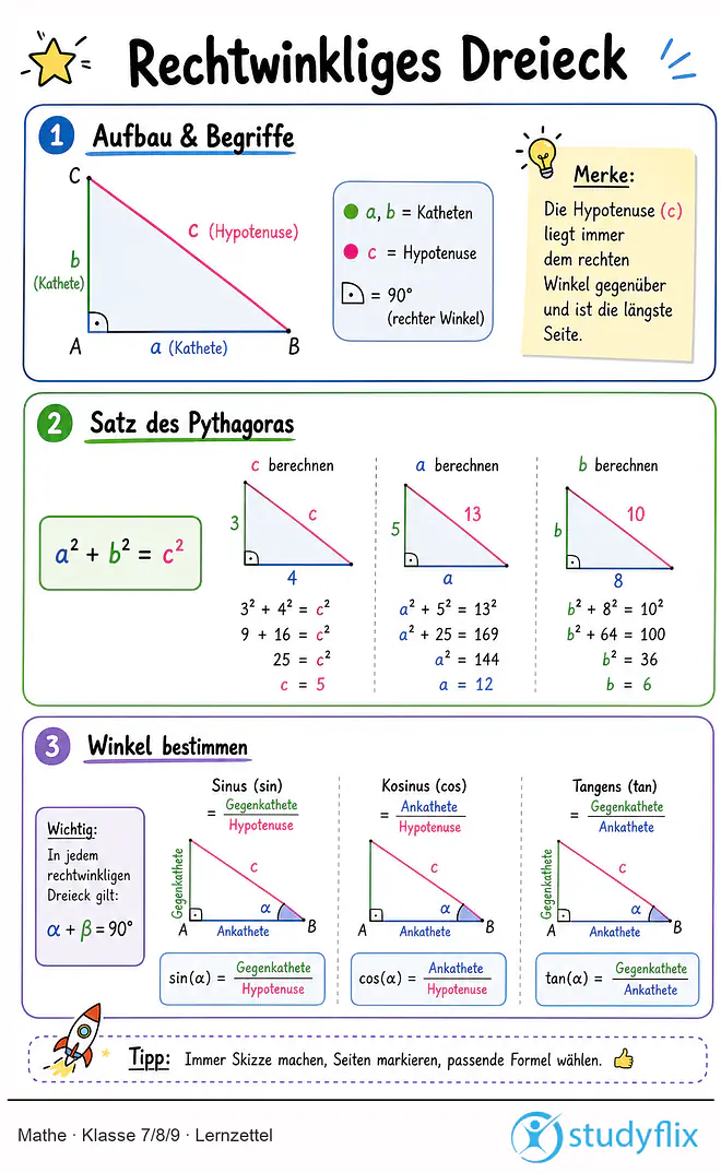 Das Bild zeigt einen Lernzettel, auf dem alles wichtige zu dem Thema Rechtwinkliges Dreieck dargestellt ist. Für Schüler der Klasse 7/8/9.