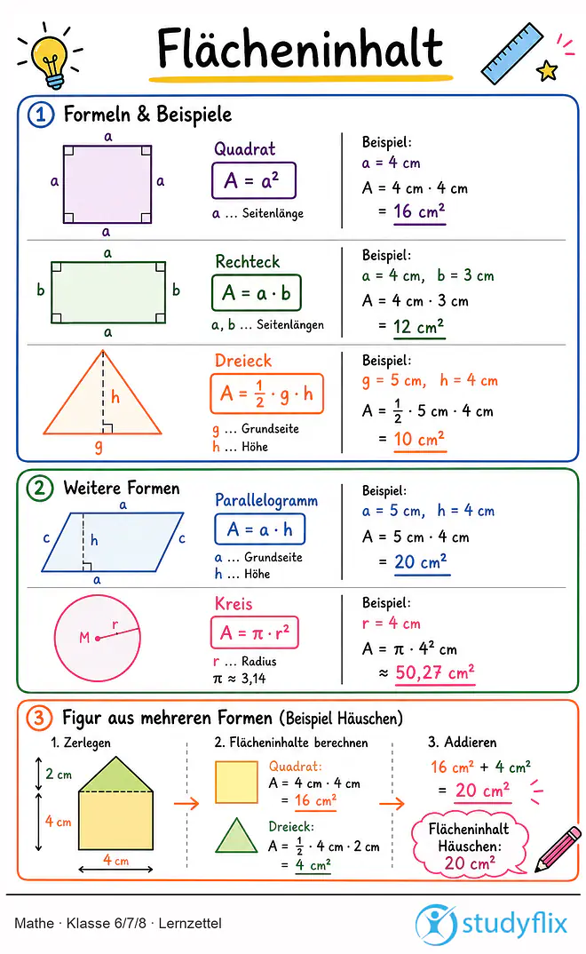 Das Bild zeigt einen Lernzettel, auf dem alles wichtige zu dem Thema Flächeninhalt dargestellt ist. Für Schüler der Klasse 6/7/8.
