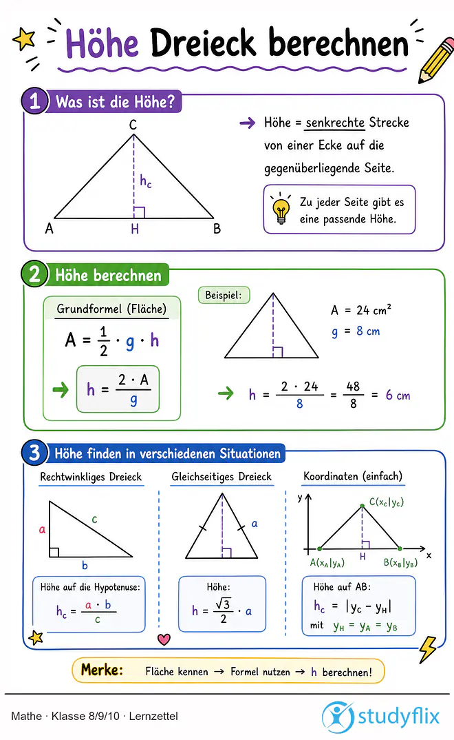 Das Bild zeigt einen Lernzettel, auf dem alles wichtige zu dem Thema Höhe Dreieck berechnen dargestellt ist. Für Schüler der Klasse 8/9/10.