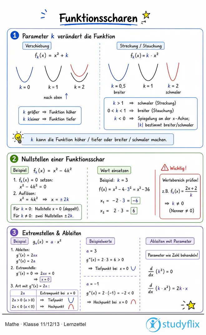 Das Bild zeigt einen Lernzettel, auf dem alles wichtige zu dem Thema Funktionsscharen dargestellt ist. Für Schüler der Klasse 11/12/13.