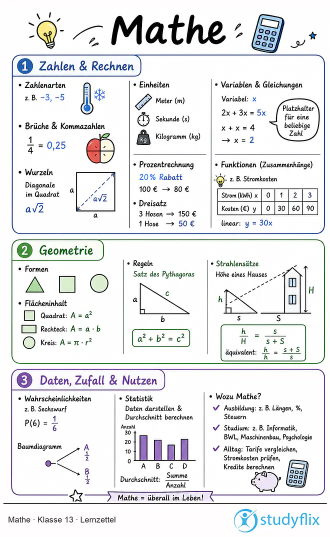 Das Bild zeigt einen Lernzettel, auf dem alles wichtige zu dem Thema Mathe dargestellt ist. Für Schüler der Klasse 13.