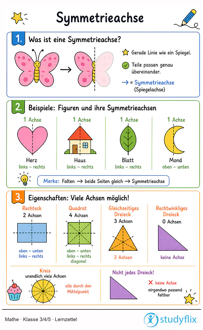 Das Bild zeigt einen Lernzettel, auf dem alles wichtige zu dem Thema Symmetrieachse dargestellt ist. Für Schüler der Klasse 3/4/5.