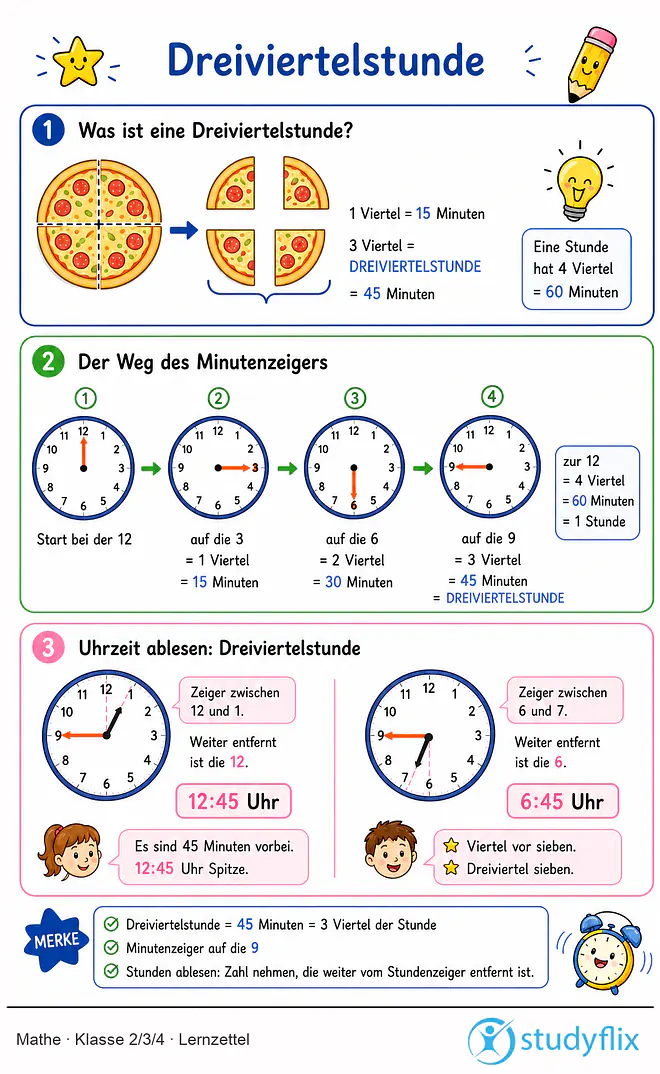 Das Bild zeigt einen Lernzettel, auf dem alles wichtige zu dem Thema Dreiviertelstunde dargestellt ist. Für Schüler der Klasse 2/3/4.