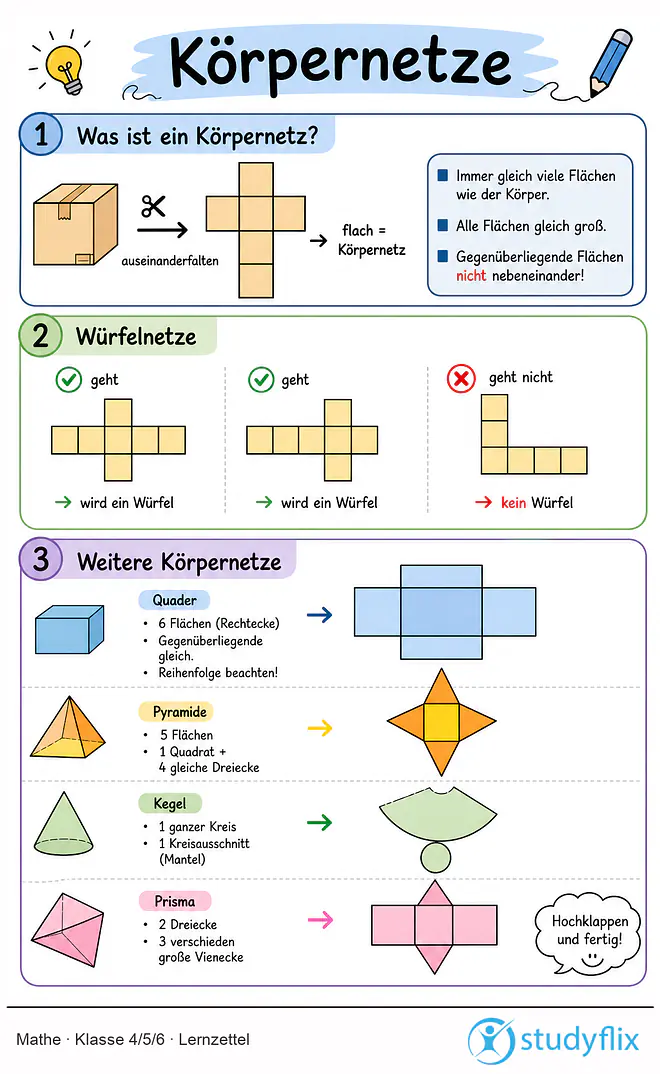 Das Bild zeigt einen Lernzettel, auf dem alles wichtige zu dem Thema Körpernetze dargestellt ist. Für Schüler der Klasse 4/5/6.