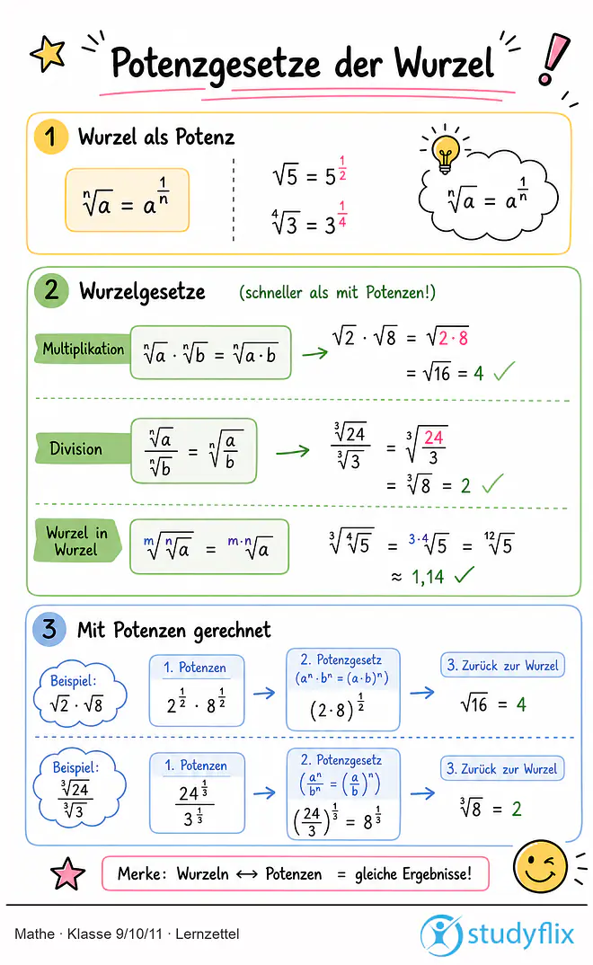 Das Bild zeigt einen Lernzettel, auf dem alles wichtige zu dem Thema Potenzgesetze Wurzel dargestellt ist. Für Schüler der Klasse 9/10/11.