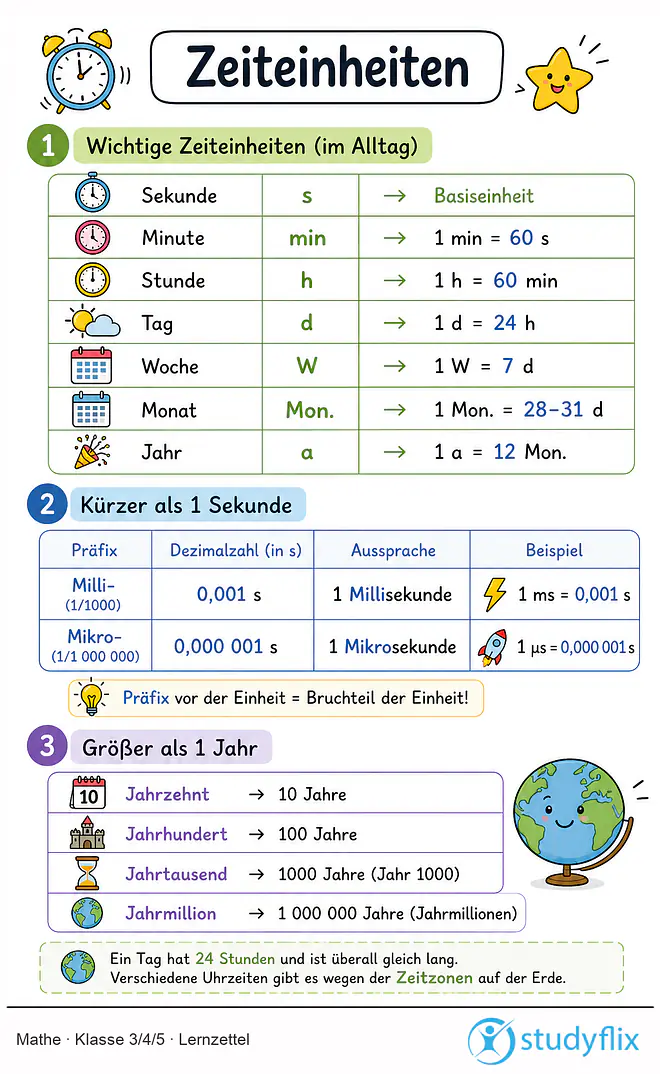 Das Bild zeigt einen Lernzettel, auf dem alles wichtige zu dem Thema Zeiteinheiten dargestellt ist. Für Schüler der Klasse 3/4/5.