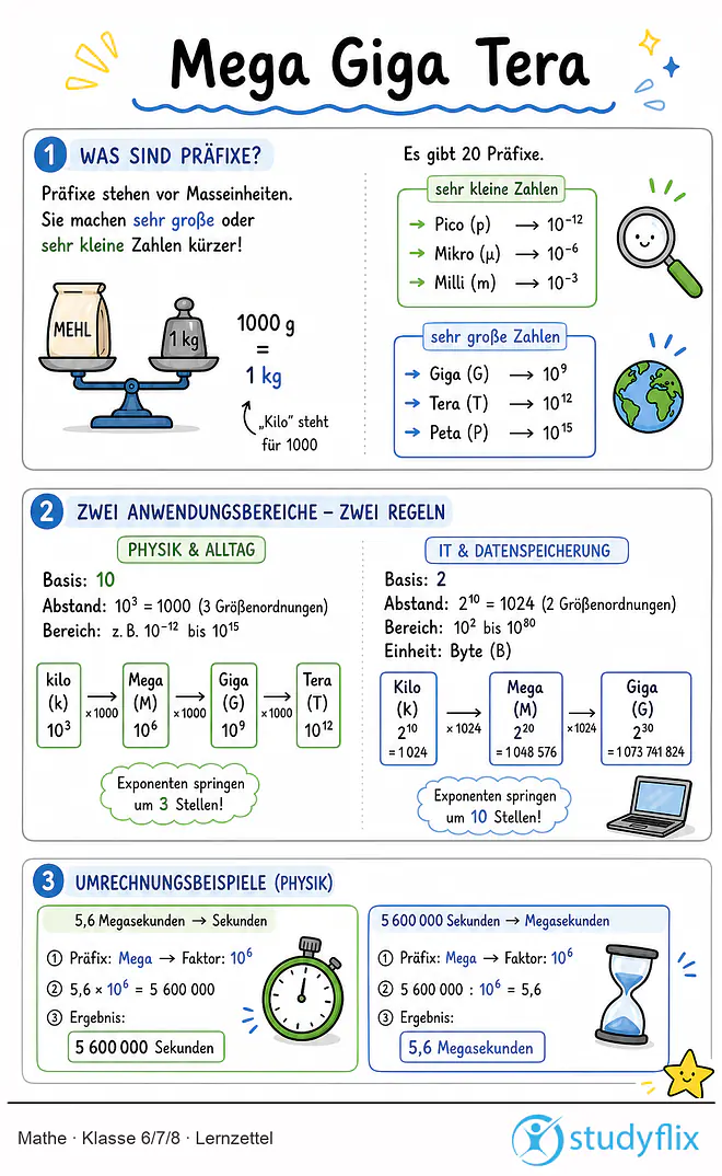 Das Bild zeigt einen Lernzettel, auf dem alles wichtige zu dem Thema Mega Giga Tera dargestellt ist. Für Schüler der Klasse 6/7/8.