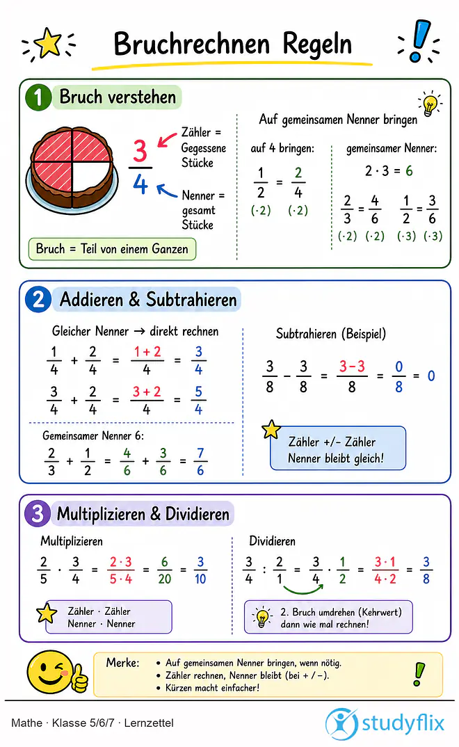 Das Bild zeigt einen Lernzettel, auf dem alles wichtige zu dem Thema Bruchrechnen Regeln dargestellt ist. Für Schüler der Klasse 5/6/7.