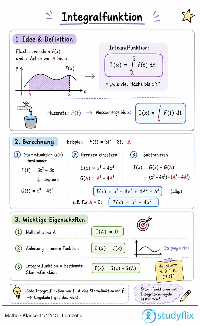 Das Bild zeigt einen Lernzettel, auf dem alles wichtige zu dem Thema Integralfunktion dargestellt ist. Für Schüler der Klasse 11/12/13.