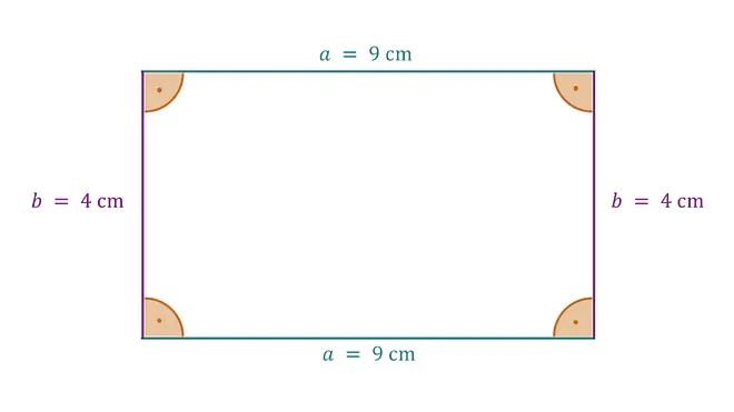 Rechteck, Viereck, rechte Winkel, Umfang, Länge, Breite, Länge a, Breite b, a = 9 cm, b = 4 cm Seiten, Seite a, Seite b, Seiten parallel, Formel, U = 2 · (a + b), U = 2 · (9 cm + 4 cm), U = 26 cm, Beispiel, Berechnung Umfang, Umrandung
