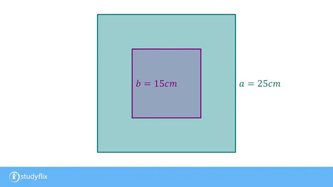 Das Bild zeigt ein großes Quadrat mit der Seitenlänge 25cm. In dem großen Quadrat befindet sich mittig ein kleineres Quadrat mit der Seitenlänge 15cm.
