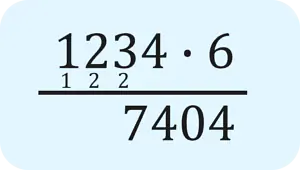Die Rechnung zeigt, wie man die Zahl 1234 mit 6 multipliziert. Dabei wird die schriftliche Multiplikation verwendet, bei der die einzelnen Ziffern der ersten Zahl mit der zweiten Zahl mal genommen werden. Das Ergebnis lautet 7404.
