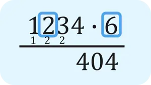 Das Bild zeigt den dritten Rechenschritt der schriftlichen Multiplikation: 2 mal 6 ergibt 12, plus 2 ergibt 14. Die 4 wird notiert, die 1 als Übertrag weitergegeben.