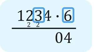 Das Bild zeigt den zweiten Rechenschritt der schriftlichen Multiplikation: 3 mal 6 ergibt 18, plus 2 ergibt 20. Die Null wird notiert, die Zwei als Übertrag weitergegeben.