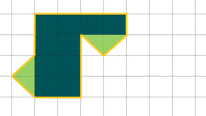 Das Bild zeigt eine zusammengesetzte geometrische Figur auf einem karierten Papier, die aus Rechtecken und Dreiecken besteht. 