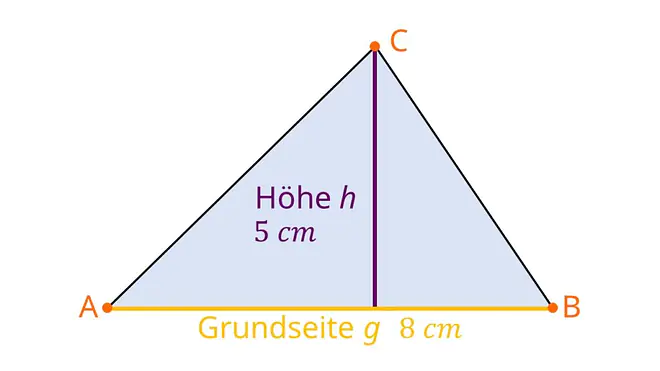 Das Bild zeigt ein Dreieck mit einer Grundseite g von acht Zentimetern und einer Höhe von fünf Zentimetern.