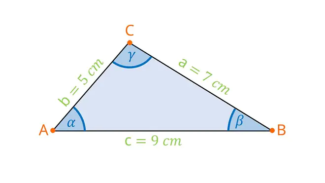 Das Bild zeigt ein Dreieck mit den Seitenlängen b gleich fünf Zentimeter, a gleich sieben Zentimeter und c gleich neun Zentimeter.