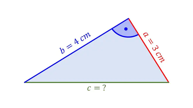 Das Bild zeigt ein Dreieck mit den Seitenlängen a gleich drei Zentimeter und b gleich vier Zentimeter sowie einem markierten Innenwinkel zwischen diesen beiden Seiten, wobei die gesuchte Seite c mithilfe trigonometrischer Beziehungen ermittelt werden soll.